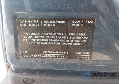 2008 Saab 9-3 2.0T from USA, damaged, VIN YS3FB49Y481118846